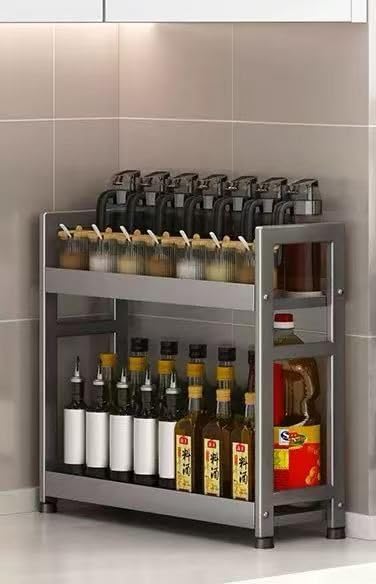 2 Tier Kitchen Spice Rack Organizer Countertop Stainless Steel Storage Shelf With Hooks MultiPurpose Seasoning Rack Oil Bottle 