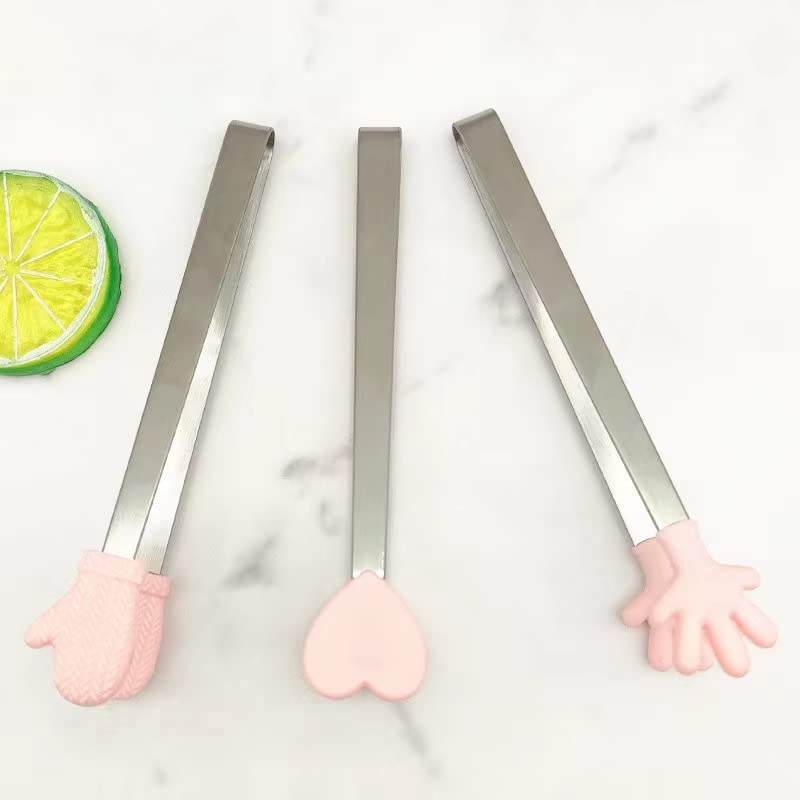 Nentment 3 Pack Mini Dessert Tongs Stainless Ice Cube Clip Pink Hand Heart Glove Shape Small Non-Slip Silicone Baking Bread Tong