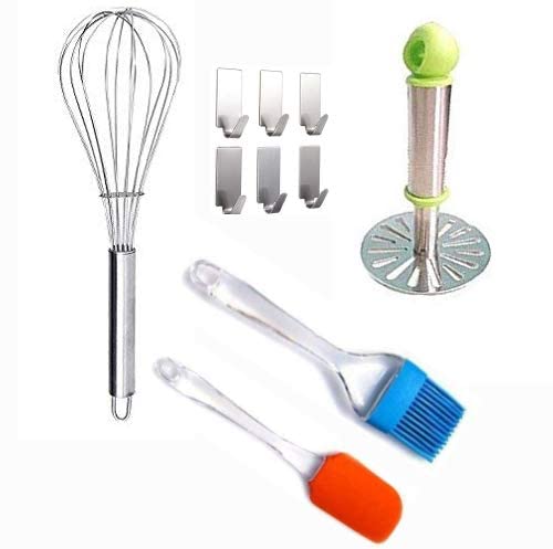 Moneyso Kitchen Stainless Steel Egg Whisk And Potato Mesher,Small Silicon Spatula Brush , Silver Hook