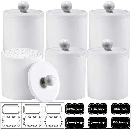 6 Pack of 12 Oz. Qtip Dispenser Apothecary Jars Bathroom with Labels - Qtip Holder Storage Canister Clear Plastic Acrylic Jar for Cotton Ball Cotton Swab Cotton Rounds Floss Picks  Hair Clips (White)