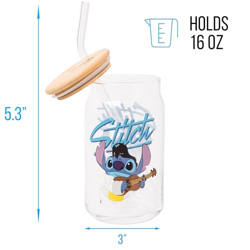 Silver Buffalo Disney Lilo and Stitch Glass Tumbler with Bamboo Lid and Glass Straw Featuring Stitch in an Elvis Costume, 16 Oun