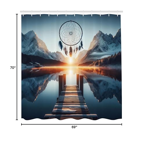 Ambesonne Lake Shower Curtain, Sunset Horizon Snowy Mountains Bohemian Dreamcatcher Peaceful View Wooden Pier, Cloth Fabric Bath