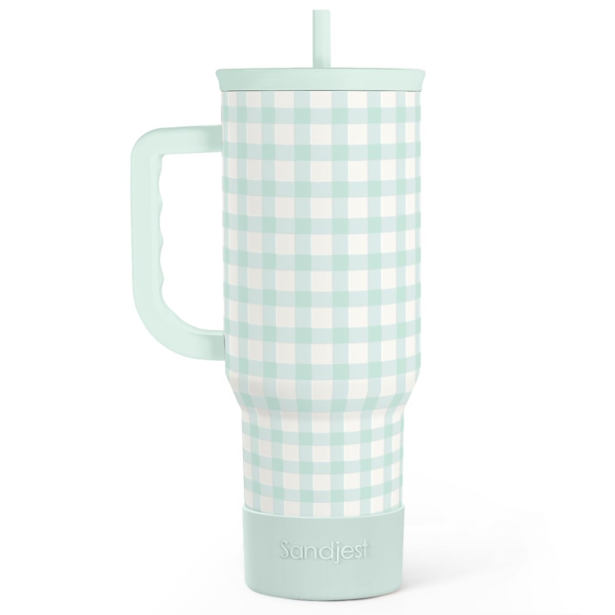 Mint Gingham 40oz Slider Tumbler with Handle and Straw - Insulated Stainless Steel Travel Coffee Mug for Women Girls, Gift for B