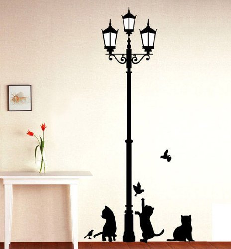Black Cat & Lamp Picture Art Peel & Stick Wall Sticker Diy Vinyl Wall Decal Applique 33X60Cm + 1 Free Surprise Sticker