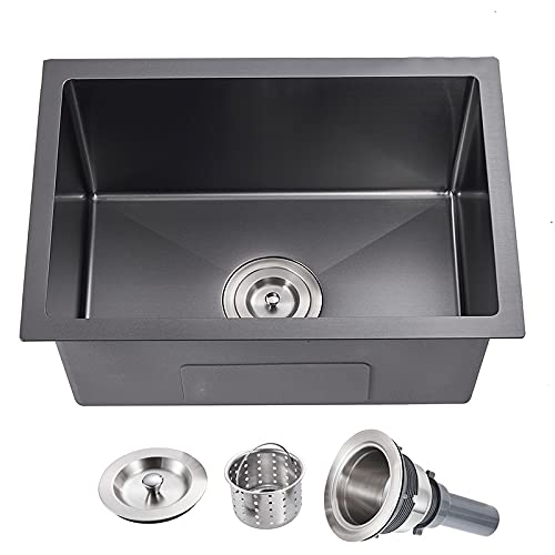 Menatt 24 Inch Undermount Single Bowl Kitchen Sink, Sus304 Stainless Steel Handmade Kitchen Sink Undermount Black, 24''X18''X9''