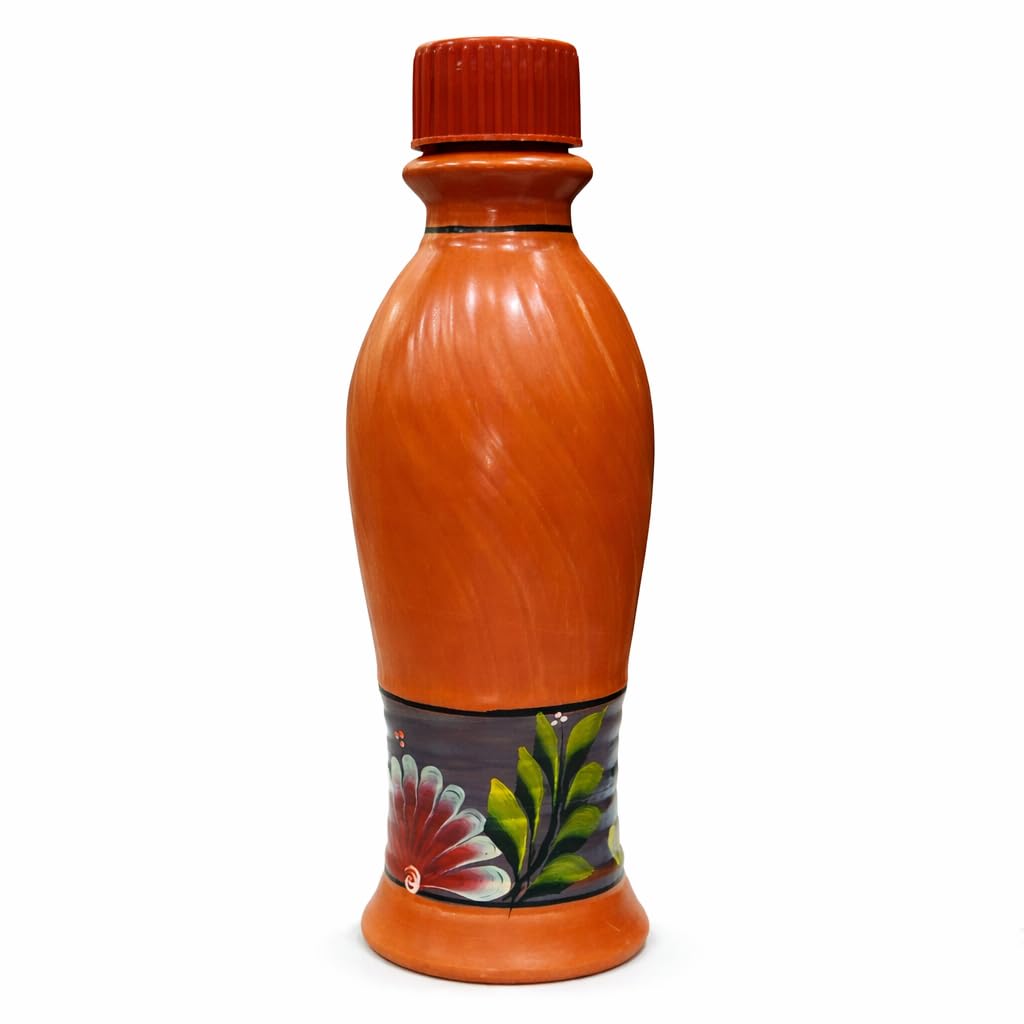 Shopmefast Handcrafted Terracotta Water Bottle, Natural Clay, HandPainted Floral Design, Natural Cooling (1, Litres)