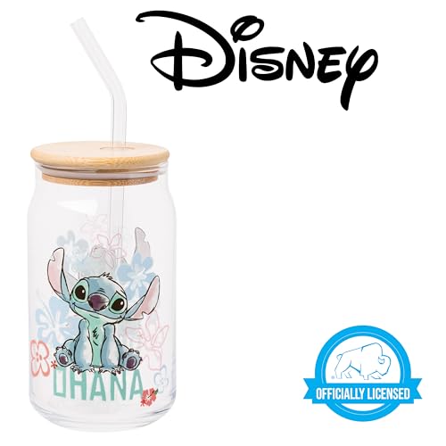 Silver Buffalo Disney Lilo And Stitch Ohana Glass Tumbler With Bamboo Lid And Reusable Glass Straw Featuring Stitch Sitting, 16