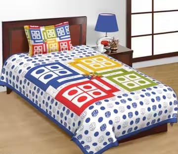 Cotton Bedsheet with Pillow Cover, Single Bed, Multicolor Geometric Pattern, Polka Dot Design