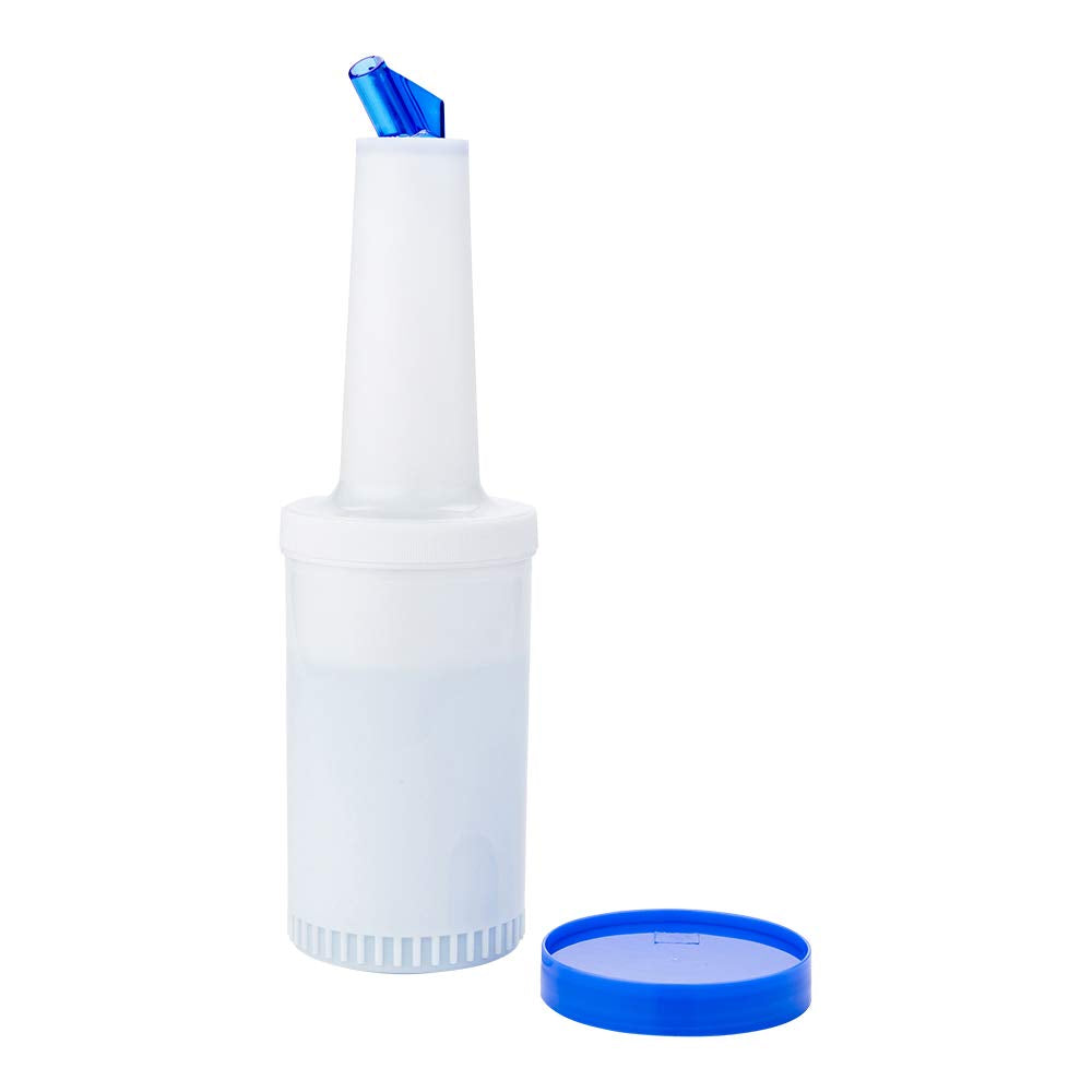 Restaurantware 1 Qt Plastic Quick Pour Storage Container Bottle - With Blue Spout And Lid - Bar Storage Bottle - 3 1/2'' X 3 1/2
