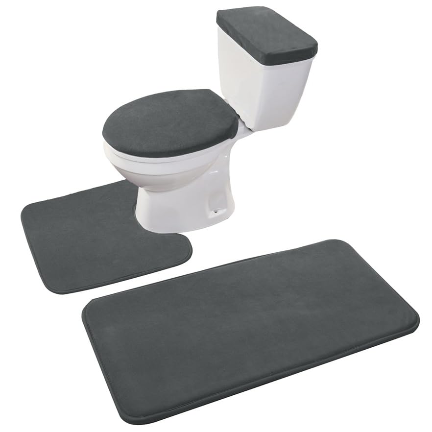 Madeals Memory Foam Bathroom Toilet Set 4 Piece With Toilet Tank Cover And Mat Set 3 Piece And Toilet Lid Cover Charcoal Gray