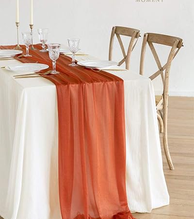 Ling'S Moment 14Ft Terracotta Sheer Chiffon Like Table Runner With Silver Sparkle Rust Tablecloth For Wedding Rustic Boho Party