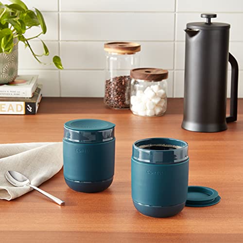 Corelle Stoneware 4-Pc Tumbler Set of 2 with Lids  Handcrafted Artisanal Travel Mug  Solid Glaze Stoneware  13-1/2-Oz Travel Coffee Mug Set  Navy
