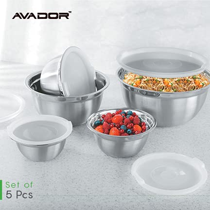 Avador Premium Stainless Steel Mixing Bowls, Set Of 5 Brushed Stainless Steel Mixing Bowl Set, Easy To Clean, Space Saving, Grea