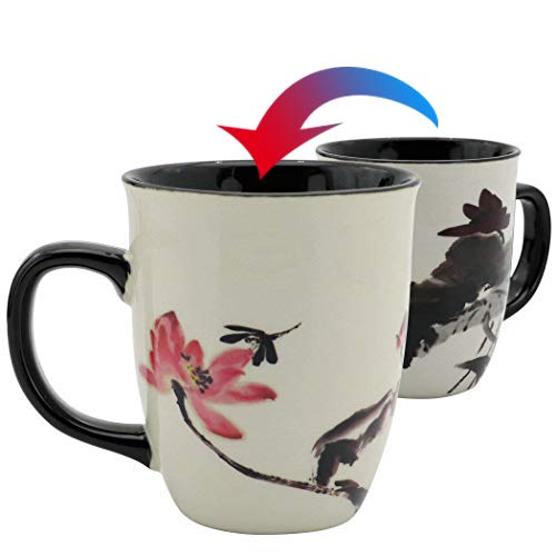 Asmwo Funny Ceramic Magic Heat Color Changing Art Coffee Tea Mug Lotus Printing Porcelain Mugs For Women Personalized White Gree