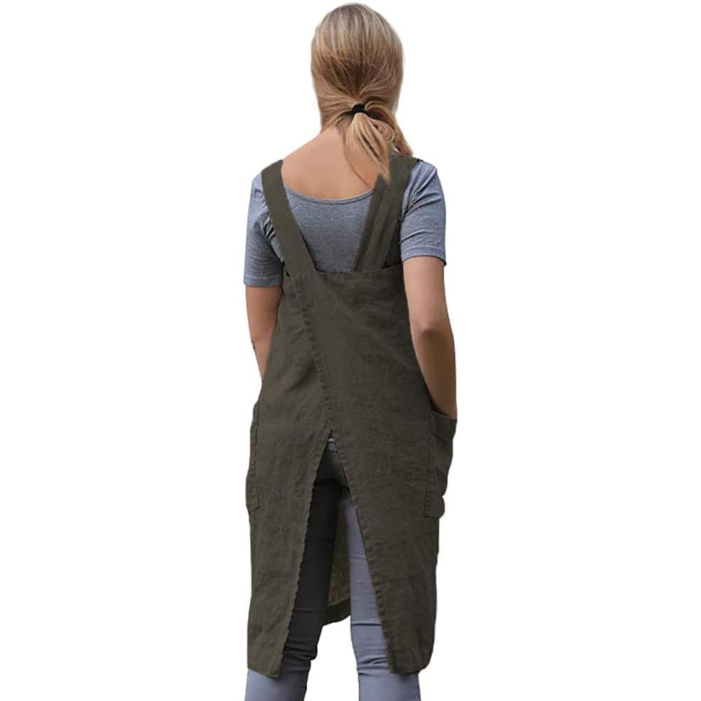 Women 'S Cross Back Pinafore Apron With Large Pockets Home Kitchen, Restaurant, Coffee House,Cooking Gardening Works Armygreen-S