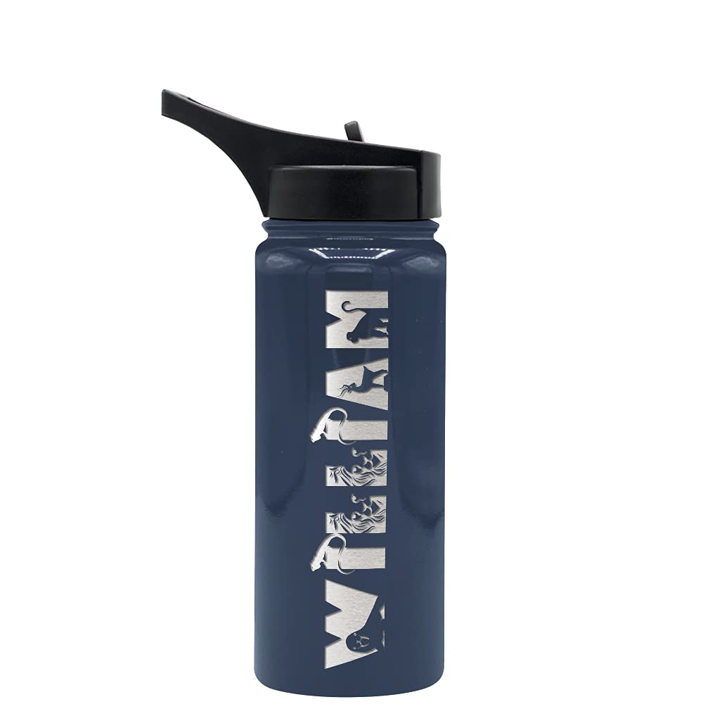 Personalized Kids Water Bottle With Straw Lid On Blue Gray Gloss Laser Engraved Custom Children Name 18 Oz Modern Stainless Stee
