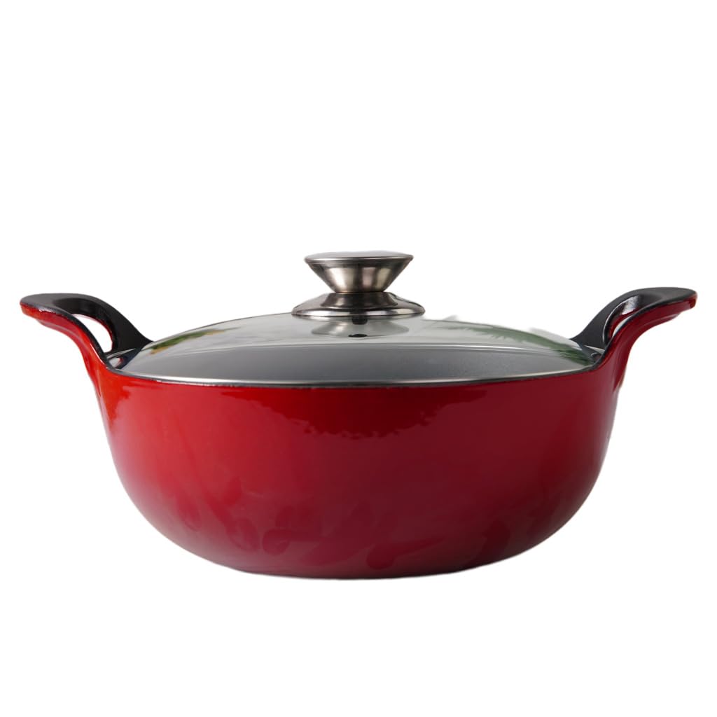 Enameled Cast Iron Balti Dish Pot (Red) with Glass Lid, 4.22 Quarts Medium Casserole Dish, Nonstick Handi Kadai Indian, Asian Wo