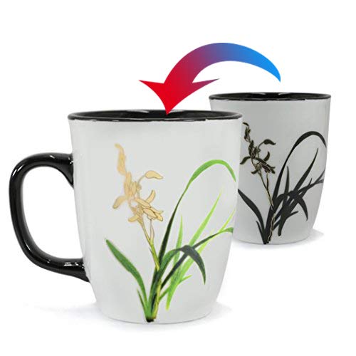 Asmwo Funny Ceramic Magic Heat Color Changing Coffee Mug With Orchid Printing For Women Personalized White Green Tea Cup Large M