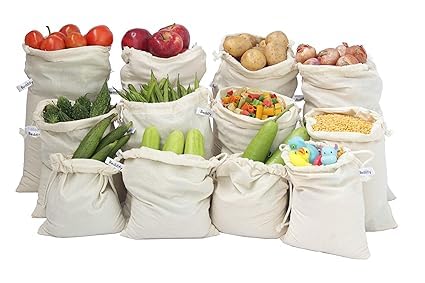 Takiva Cotton Muslin Reusable Fridge Storage Bags For Vegetables Set Of 12 And Multipurpose, Washable, Drawstring And Eco Friend