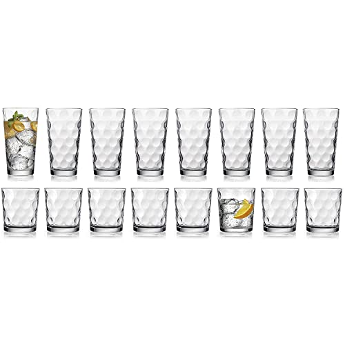 Drinking Glasses Set Of 16 - By Home Essentials & Beyond - 8 Highball Glasses(17 Oz.), 8 Rocks Glass Cups (13 Oz.), Inner Circul