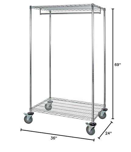 Wire Garment Rack, Mobile, 36W X 24D X 69H, 75 Lbs. Capacity On The Hang Bar, Chrome Plated Finish