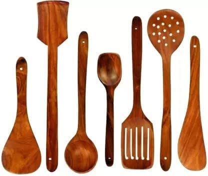 Green Wood Natural Wooden Spoon Set For Cooking Includes Frying Serving Spatula Chapati Dessert Rice Spoons Wooden For Nonstick 