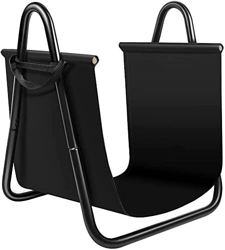 AMAGABELI GARDEN & HOME Fireplace Log Holder with Canvas Firewood Rack Indoor Tote Carrier Metal Wood Rack Black Firewood Holders Storage Heavy Duty Logs Stacker Basket with Handles Kindling