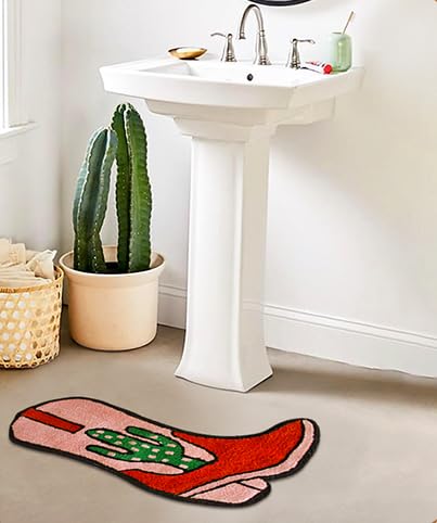 Cowboy Boot Bath Mat - 33'' X 20'' Western Boot Shaped Rug With Pink, Rust, And Green Cactus Design - Cowgirl Wall Decor - Water