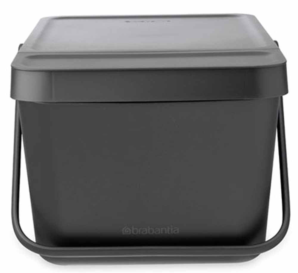 Brabantia Sort & Go Stackable 5.3 Gallon Recycling Wastebasket (Dark Gray) Flat Top Trash Can With Carry Handle, Storage Bin, Pa