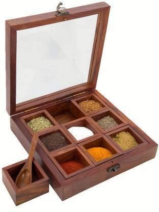 Inde Gallery Sheesham Wooden Masala Dabba Container Jars Cum Spice Box 9 Part With Spoon (Brown)