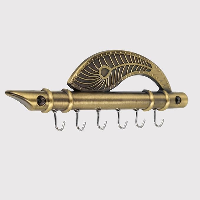 Indeed Antique Lord Krishna Key Holder & Hanger, Flute Key Stand with Peacock Quills & Royal Art Brass 6 Hook Wall Mount, Home D