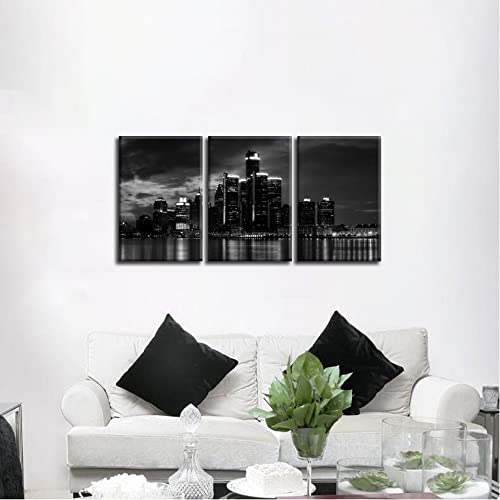 Nan Wind 3 Pcs Wall Art Beautiful Detroit Skyline Black & White Canvas Art Paintings For Room Decor Cityscape Skyscrapers Night