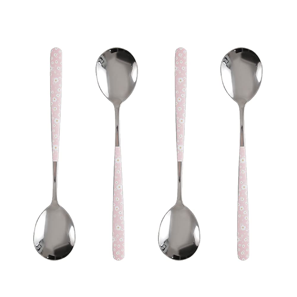 Stainless Steel Soup Spoon,Korean Dessert Spoon,Pink Daisy Mixed Color Spoon For Home, Kitchen Or Restaurant, Set Of 4 Pink Dais