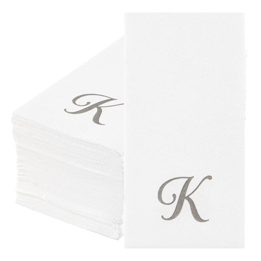 Luxenap 15.8 X 7.9 Inch Linen-Feel Guest Towels, 50 Lettered Hand Towels - Silver Letter 'K', Cursive Font, White Paper Dinner N