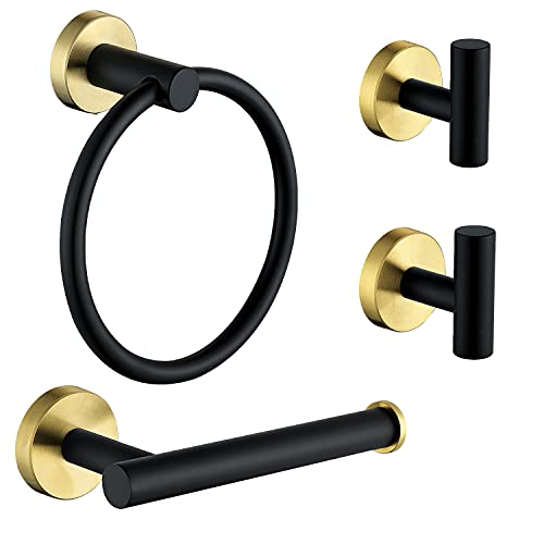 Ntipox 4 Piece Stainless Steel Matte Black And Brushed Gold Bathroom Hardware Set Include Hand Towel Ring Holder, Toilet Paper H