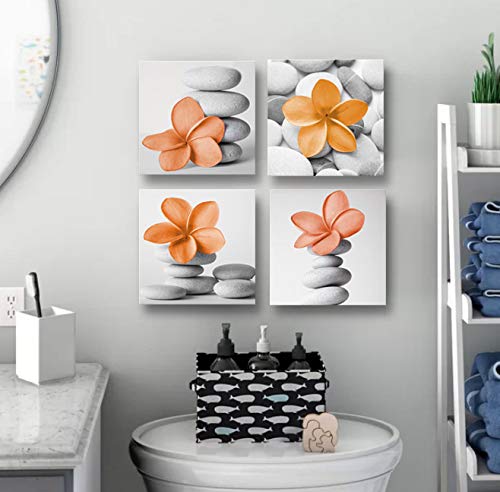 Genius Decor-Modern Bathroom Flowers Picture Zen Pebble Stone Modern Prints Burnt Orange Grey Bathroom Wall Decor (Orange)