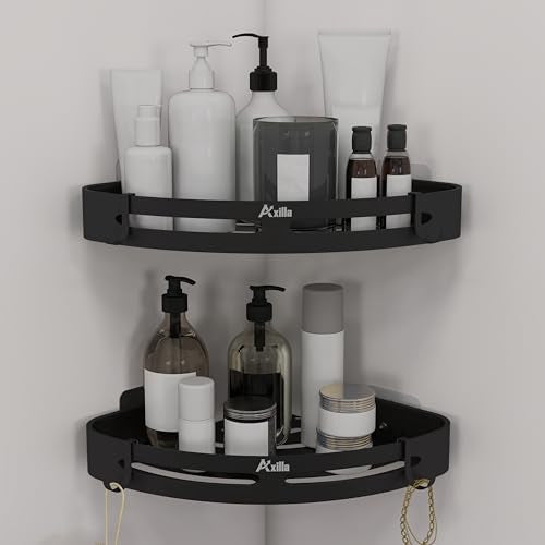 Axilla Self Adhesive Bathroom Corner Shelf | Aluminium No Drill Bathroom Shelf Corner Rack With Removable Hooks | SpaceSaving B