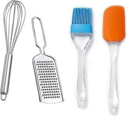 Lmr3 Combo Of Silicone Spatula & Oil Brush Set And Stainless Steel Egg Whisker, Cheese Grater | 4 Pcs