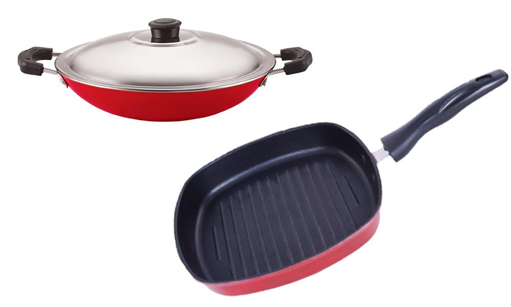 Nirlon Kitchen Pots & Pans Non Stick Cookware Set Of 2 Pieces (2.6Mm_Ac_Steel_Lid_Gp22)
