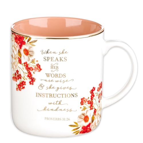 When She Speaks Proverbs 31 Woman Bible Verse Ceramic Coffee/Tea Mug  Pink/Red w/Gold Metallic Floral Christian Coffee Mug for Women  14 oz