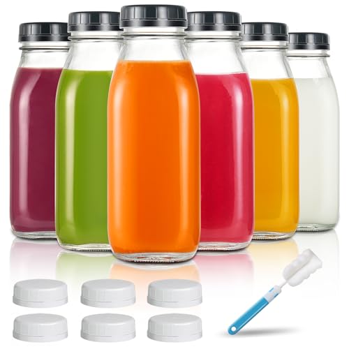 YEBODA 16oz Glass Milk Bottle with Plastic Tamper-proof Caps (6 Pack) Vintage Reusable Dairy Drinking Containers  Glass Bottles for Milk  Juice Yogurt  Smoothies  Honey  Tomato Sauce  Jam  Syrup