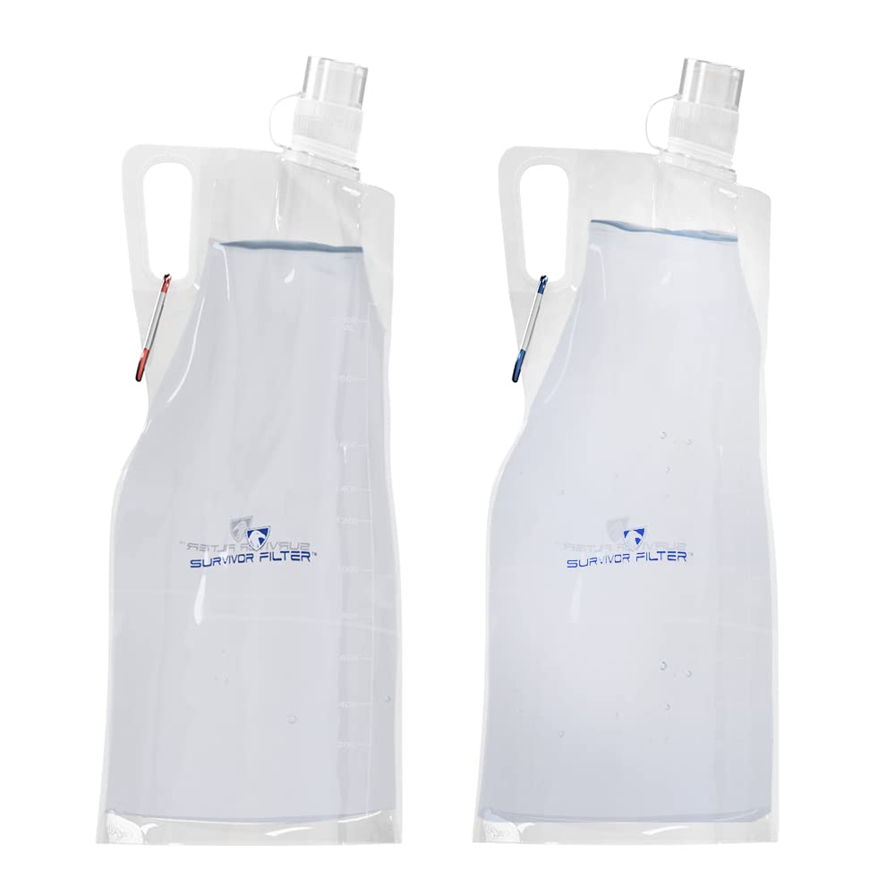 Survivor Filter Clear Collapsible Water Bottles - A Water Bladder With Durable Carabiners - Use With Our Straw Filter Or As Fold