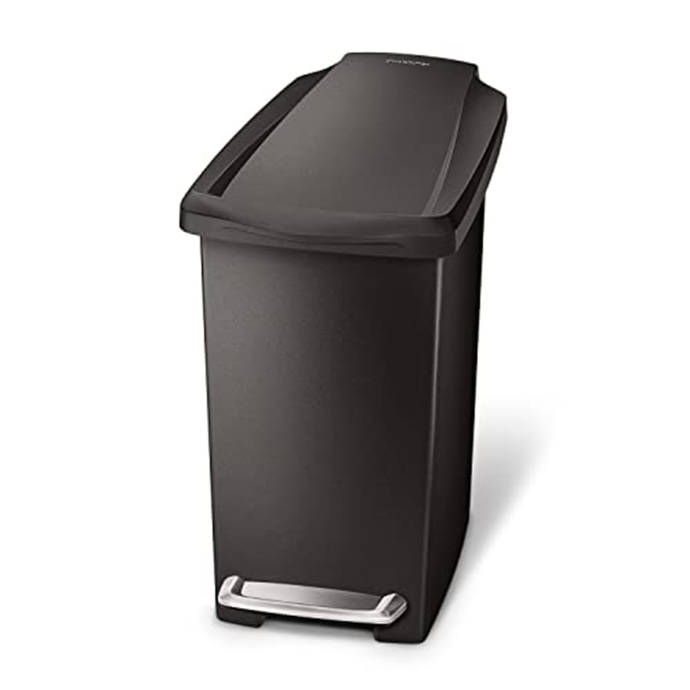Simplehuman Rectangular 10 Liter / 2.6 Gallon Compact Slim Bathroom Or Office Step Trash Can, Black Plastic