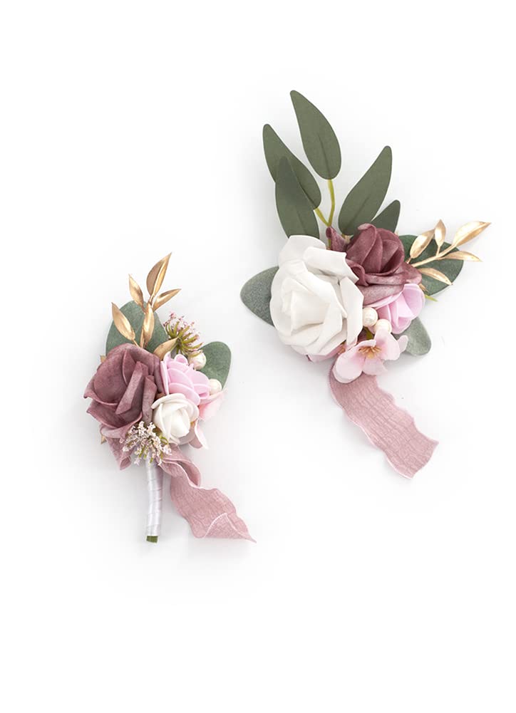 Ansofi Dusty Rose Wrist Corsage and Boutonniere Set Artificial Light Pink White Rose Flower Wristlet Band Bracelet and Men Bouto