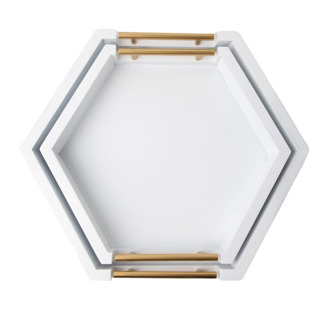 Honeycomb Wooden Serving Trays With Golden Handles - Set Of 2 Hexagon Nesting Trays - Large And Small Wood Trays For Food, Ottom