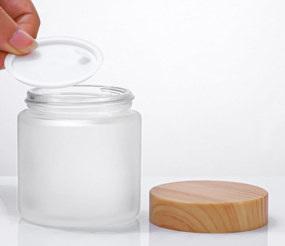 2 Pack 100G/3.4Oz Frosted Glass Cream Jars Bottles Cosmetic Container With Inner Liners And Wood Grain Lid Refillable Straight S