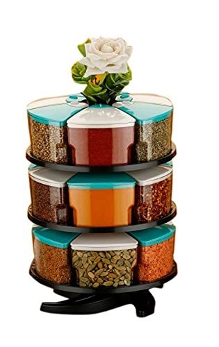Pramukh Fashion 360 Spice Rack Set Of 18 Piece 3 Layer Spice Set Plastic White And Blue18