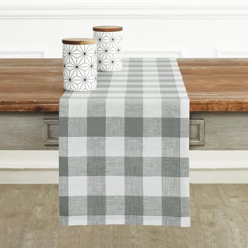 Solino Home Linen Buffalo Check Table Runner 72 Inches Long - 100% Pure Linen Buffalo Plaid Grey And White Table Runner 14 X 72