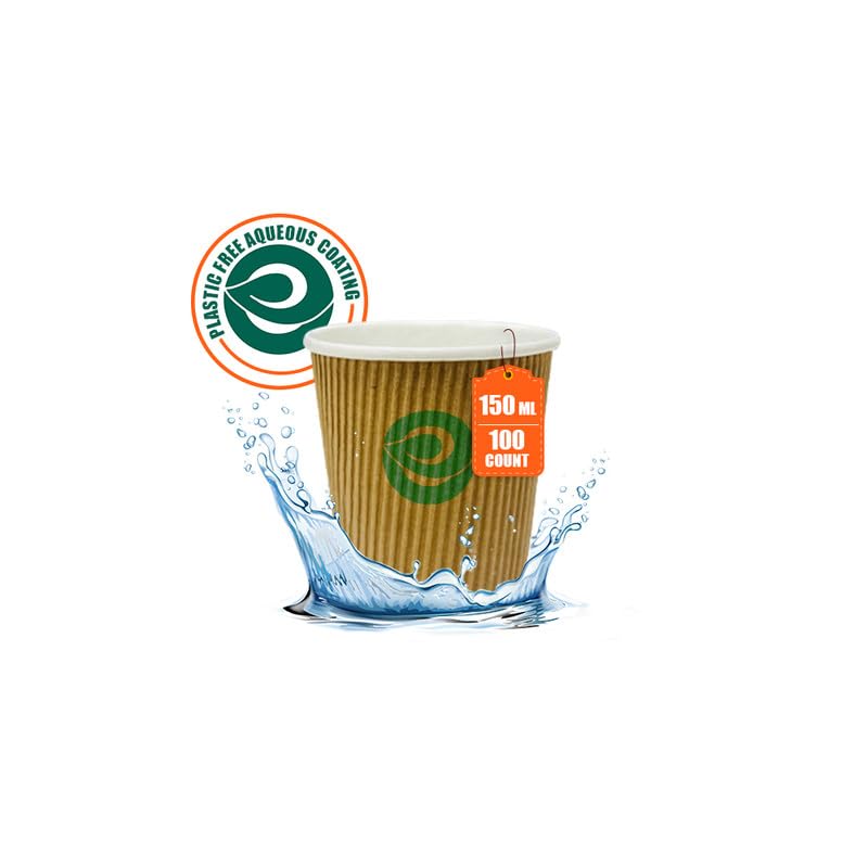 Eco Soul [150 Ml, 100 Count] Disposable Ripple Paper Cups | PlasticFree Aqueous Coated | EcoFriendly & Biodegradable Hot Cups 