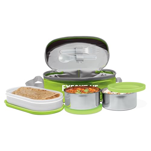 Milton Executive Lunch Box, 2 Round Inner Steel Round Containers 280Ml Each And 1 Microwave Safe Oval Plastic Container, 450Ml W